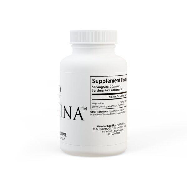 Magnesium Glycinate Supplement bottle featuring a label with nutritional facts and manufacturing information.