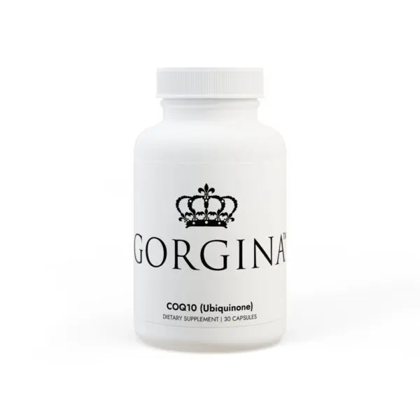 A white bottle with a crown logo labeled "CoQ10 (Ubiquinone) Supplement," containing 30 capsules.