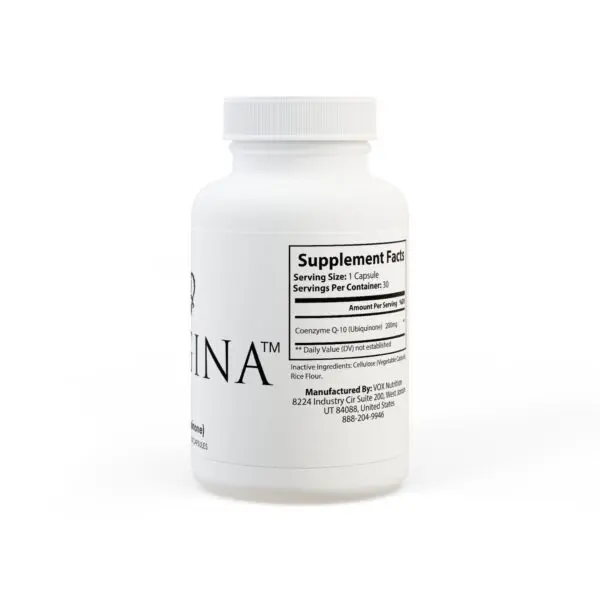 White supplement bottle labeled "CoQ10 (Ubiquinone) Supplement" with a clear supplement facts panel and manufacturer information, set against a white background.