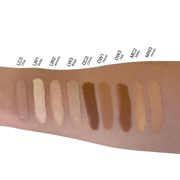 A close up of the arm with different shades of foundation