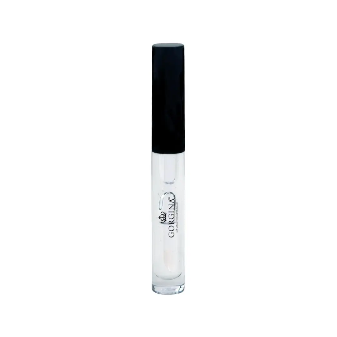 Clear lip gloss tube with black cap and "GORGINA" logo on the bottle.