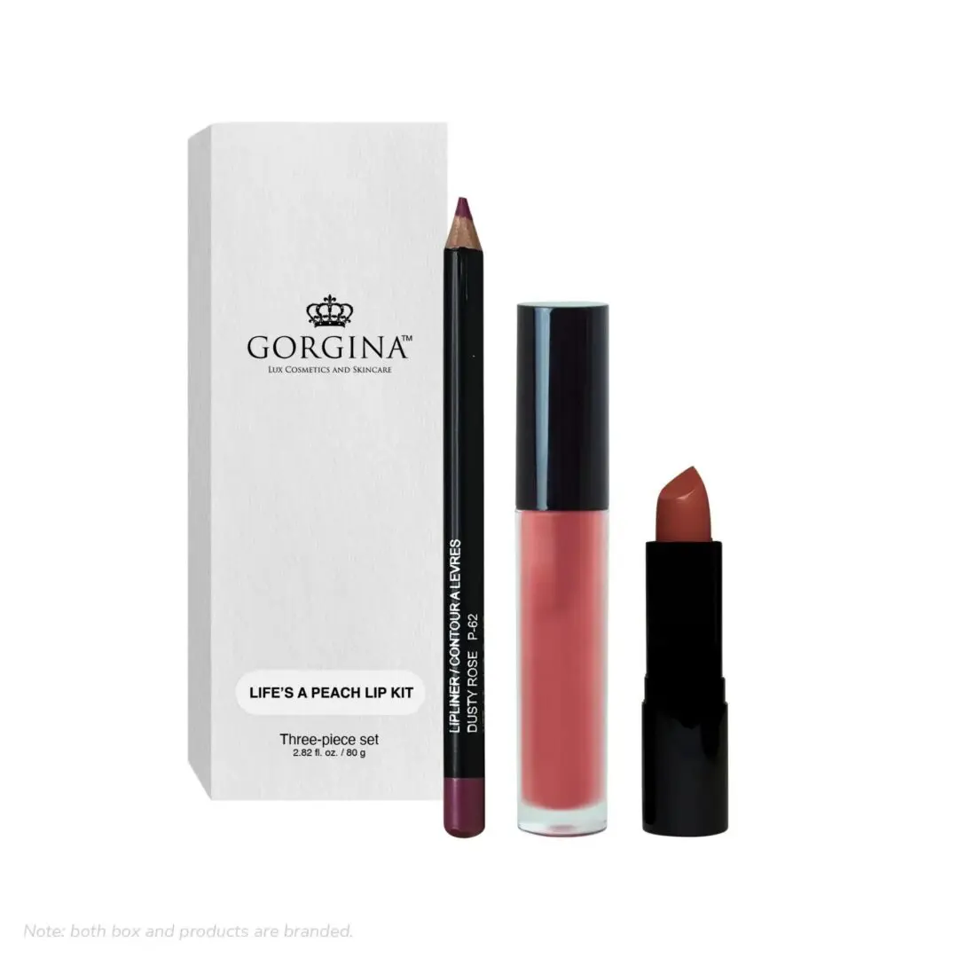 A lip kit including a lip liner, lip gloss, and lipstick, labeled "Gorgina: Life's a Peach Lip Kit.