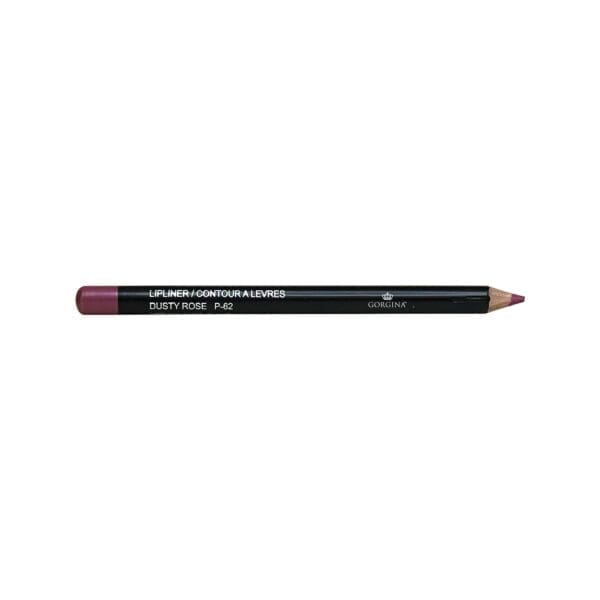 A lip liner pencil in "Dusty Rose" color, labeled "Gorgin" with a wooden body and a sharpened tip.