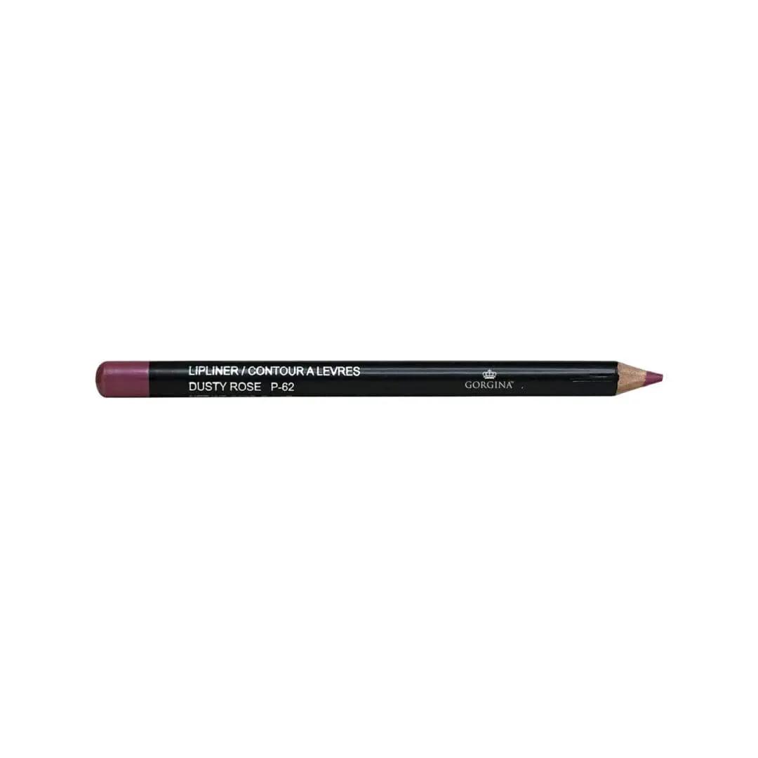 A lip liner pencil in "Dusty Rose" color, labeled "Gorgin" with a wooden body and a sharpened tip.