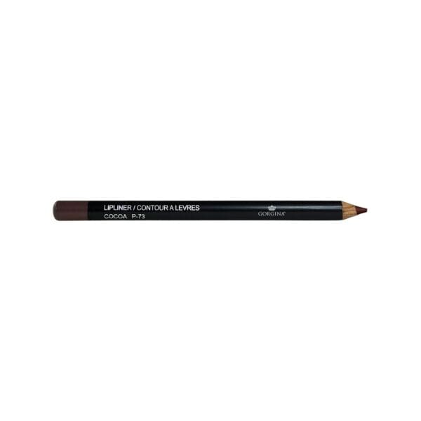 A brown lip liner pencil labeled "COCOA P-73" with a black body and sharpened wooden tip.