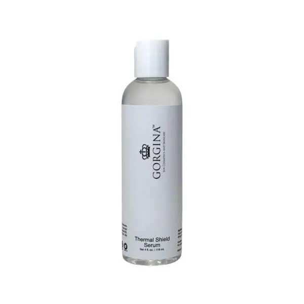 A bottle of Gorgina Thermal Shield Serum with a white label and cap. Contains 178 mL (6 fl. oz.).