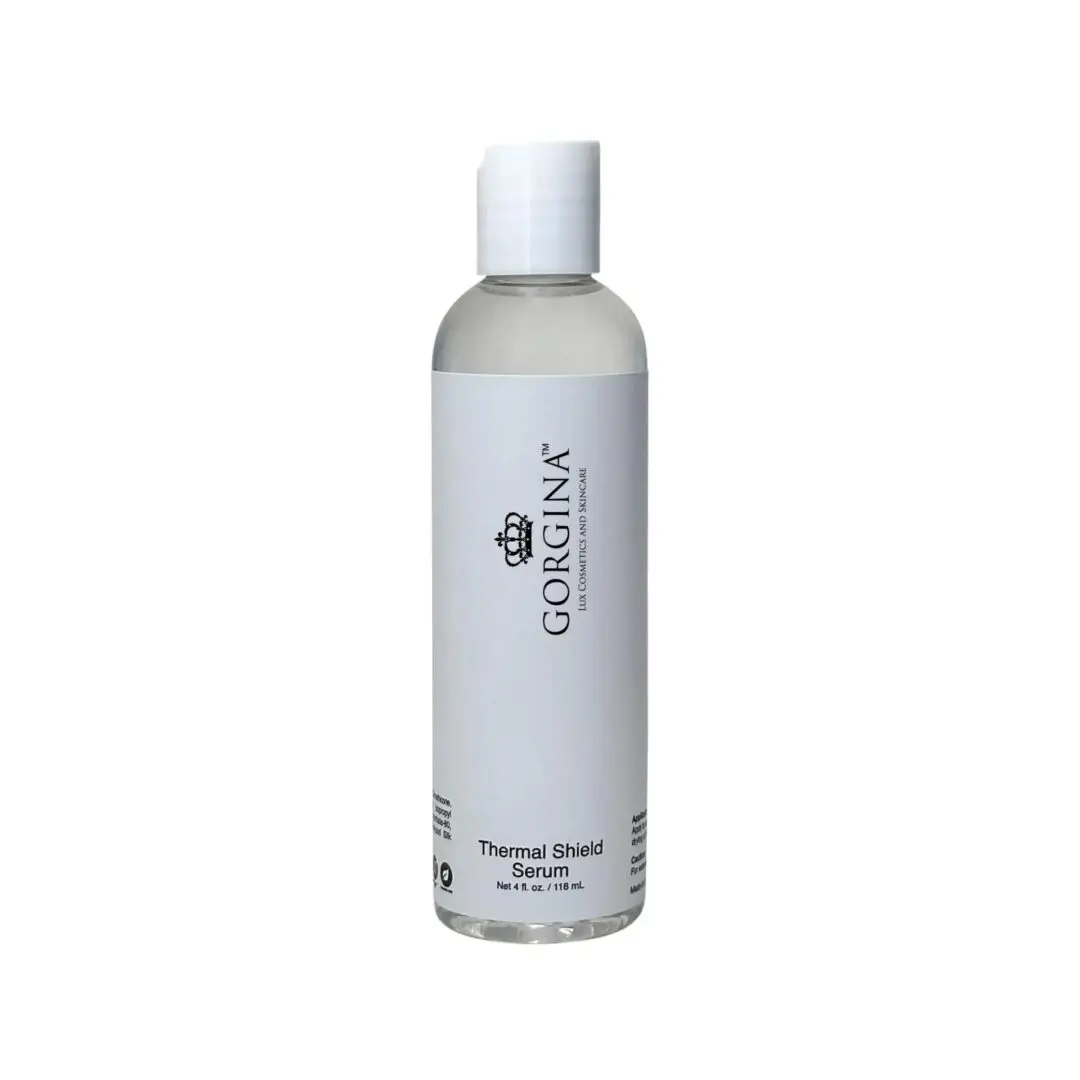 A bottle of Gorgina Thermal Shield Serum with a white label and cap. Contains 178 mL (6 fl. oz.).