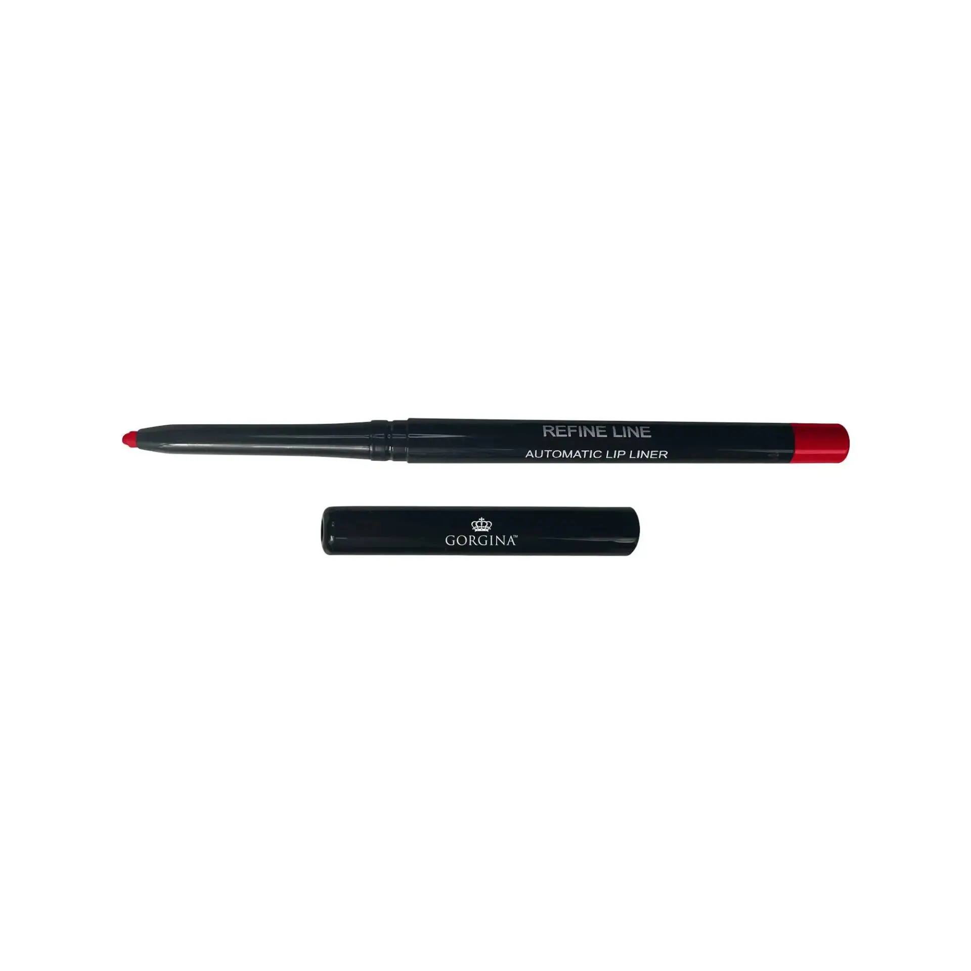 Black and red automatic lip liner with a separate cap placed below, labeled with the brand name "Gorgina.