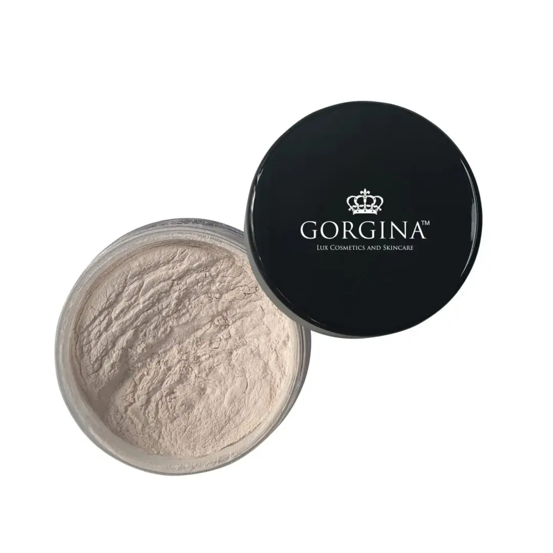 Cosmetic jar with black lid labeled "Gorgina" containing beige loose powder.