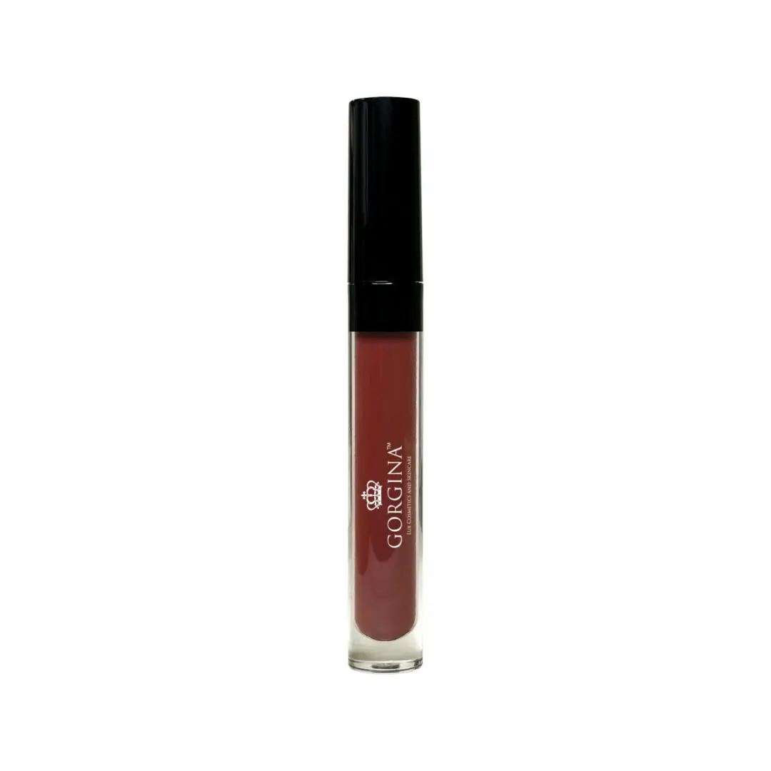 A tube of Gorgina branded liquid lipstick with a black cap and pinkish-brown color.