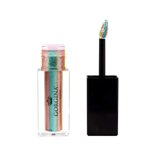 A multicolored liquid lipstick tube with a black applicator, featuring pink, teal, and gold hues, labeled "Gorgina.