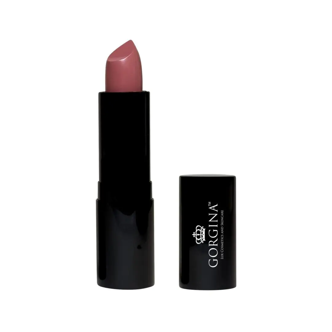 A pinkish nude lipstick in a black tube, with its cap placed alongside, featuring the label "GORGINA.