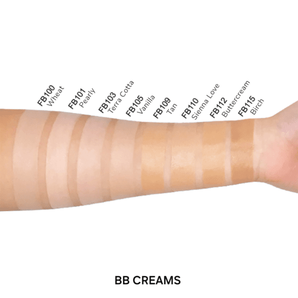 Arm with swatches of BB creams in various shades labeled from FB100 to FB115, showing a gradient from light to dark tones.