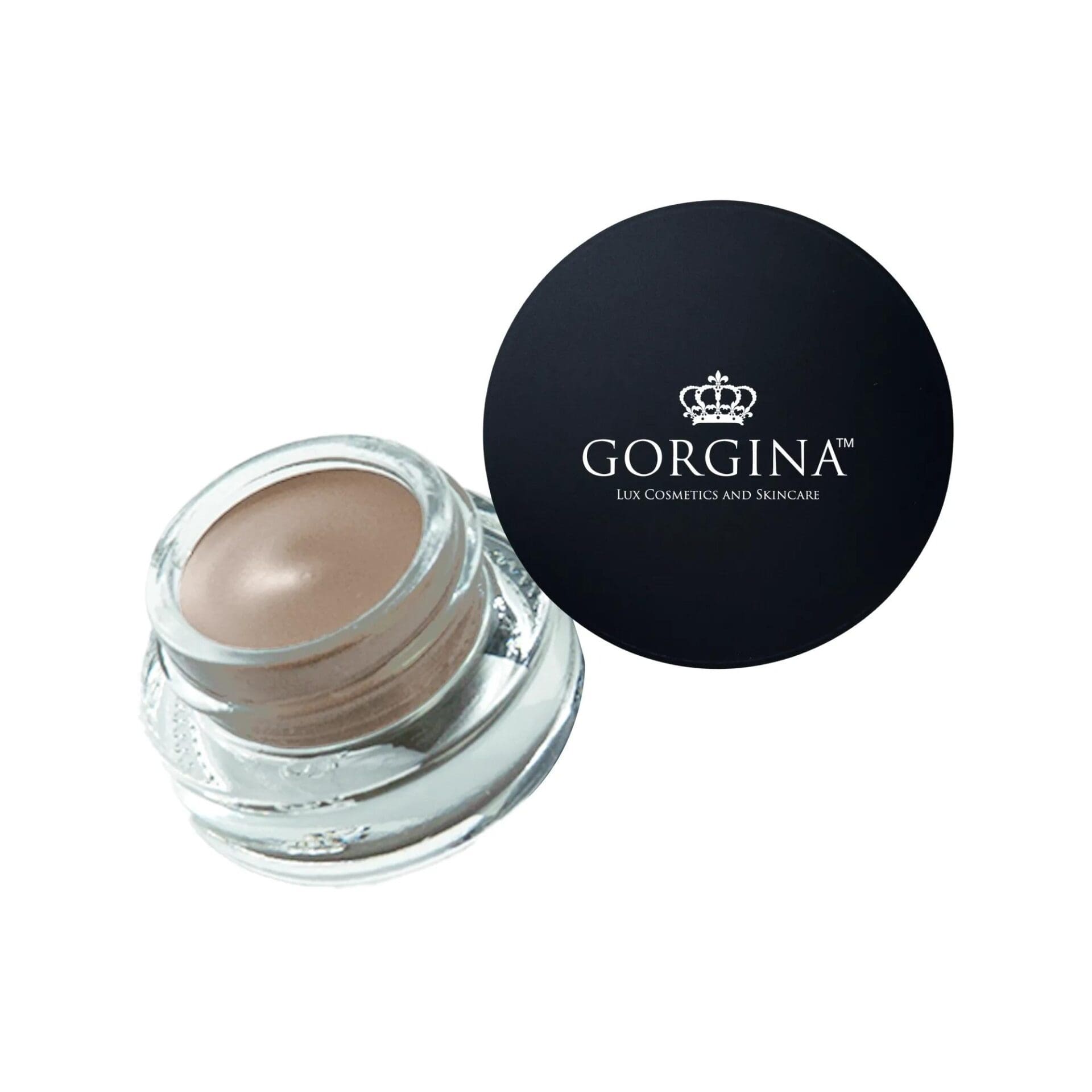 A small glass jar of cream makeup with a black lid labeled "Gorgina Lux Cosmetics and Skincare.
