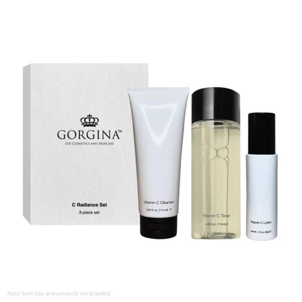 Three skincare products—cleanser, toner, and lotion—are displayed alongside a branded Gorgina C Radiance Set box.