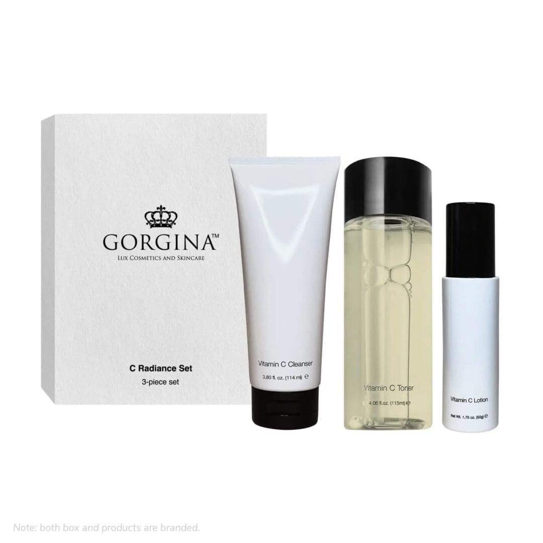Three skincare products—cleanser, toner, and lotion—are displayed alongside a branded Gorgina C Radiance Set box.