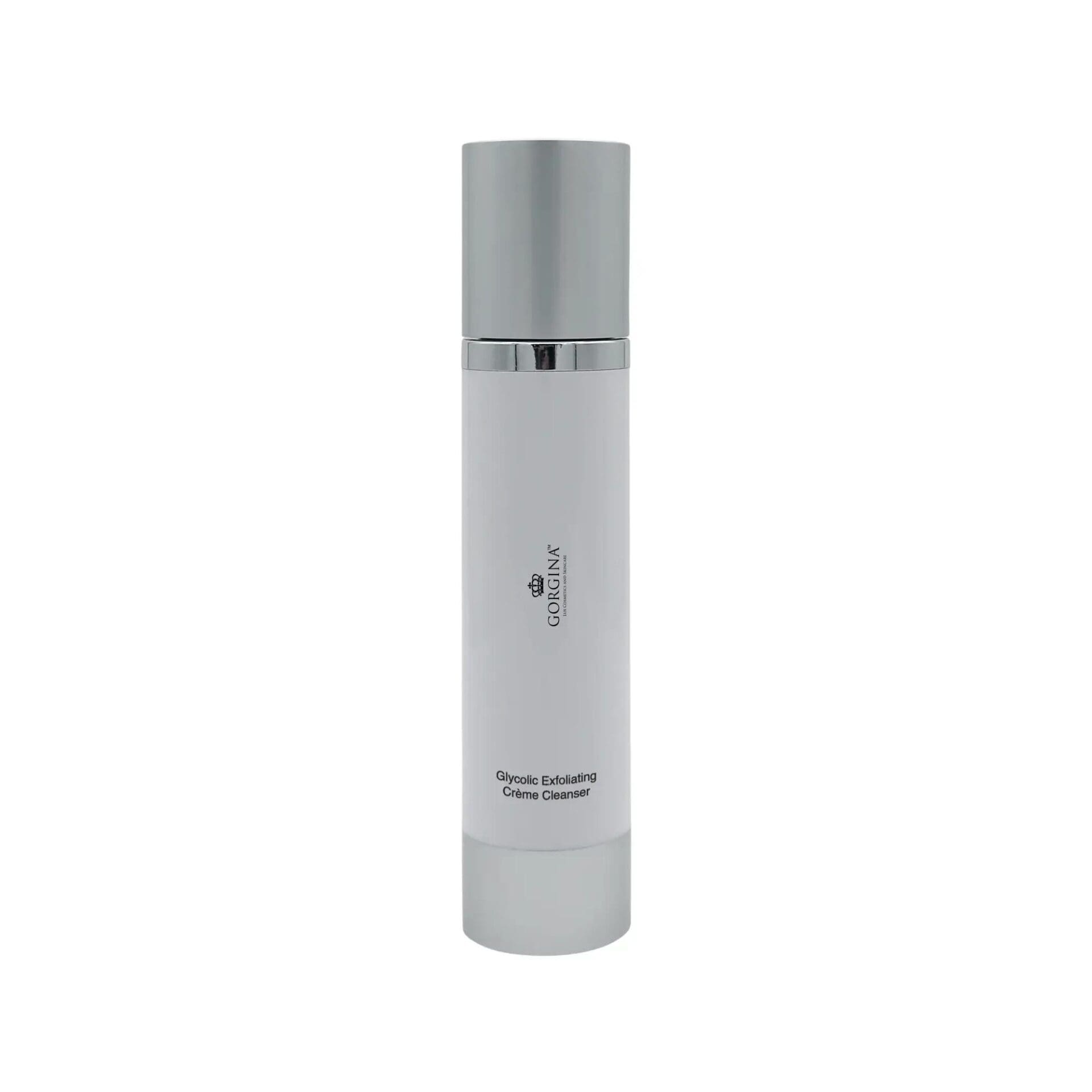 A white cylindrical bottle with a silver cap labeled "Glycolic Exfoliating Crème Cleanser" from Glowinit, against a plain white background.