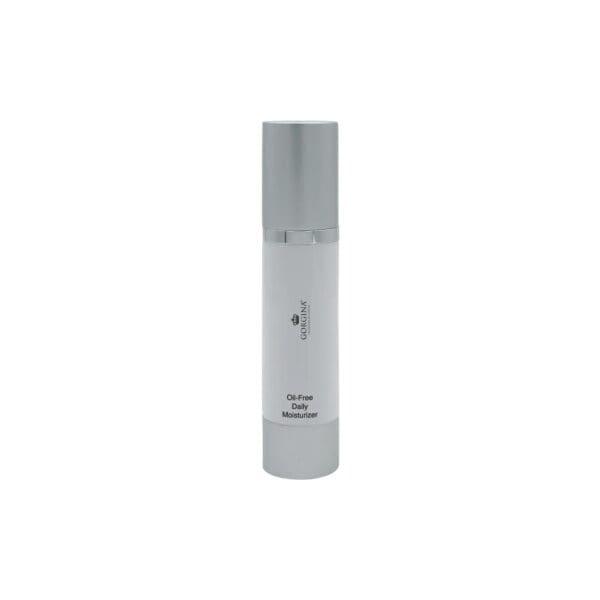 A cylindrical white bottle with a silver cap labeled "Oil-Free Daily Moisturizer" stands upright on a plain white background.