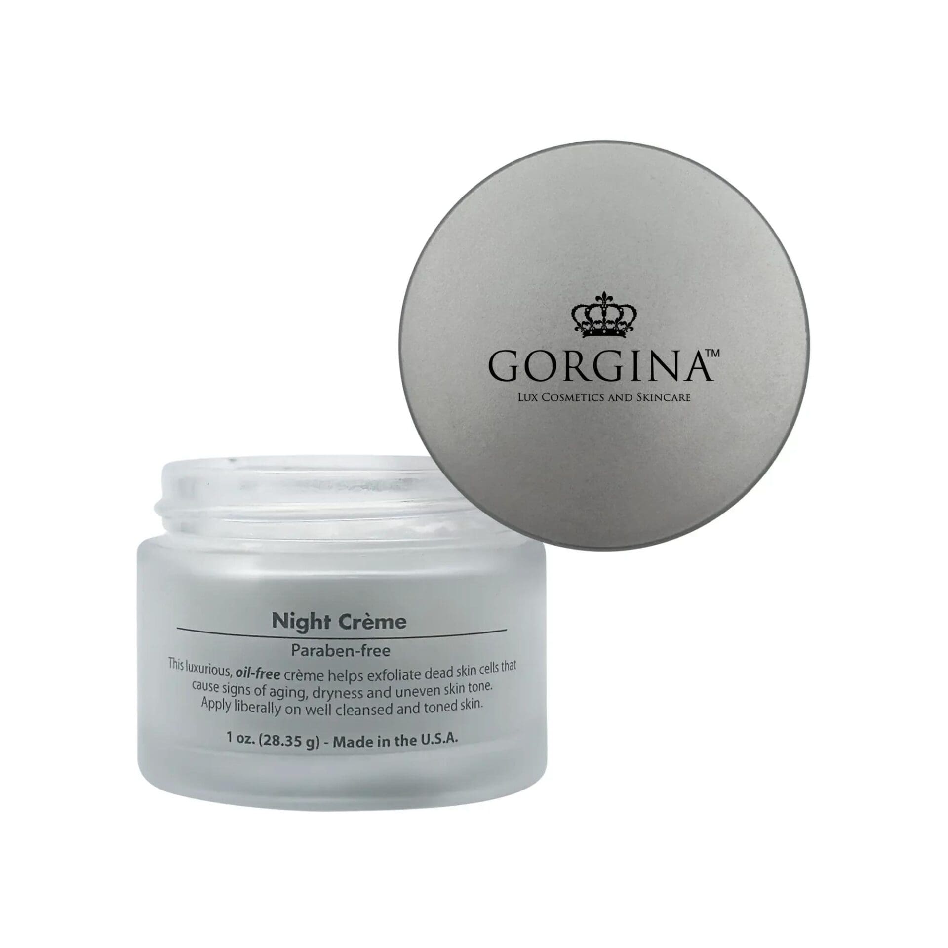 A jar of Gorgina Lux Cosmetics and Skincare Night Crème with the lid off, showing the product label and open container.