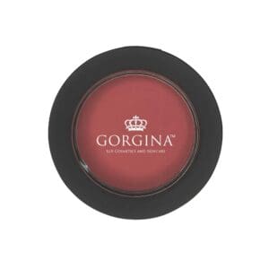 A round container of Gorgina Lux Cosmetics and Skincare blush with a black rim and a red-pink product visible through a clear lid displaying the brand logo.