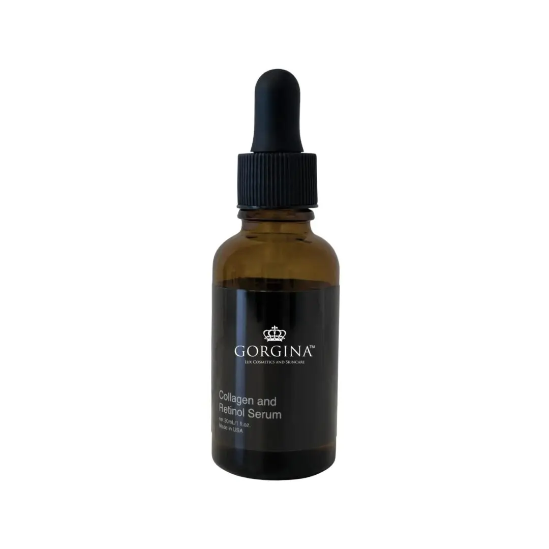 A brown glass dropper bottle labeled "Gorgina Collagen and Retinol Serum" against a white background.