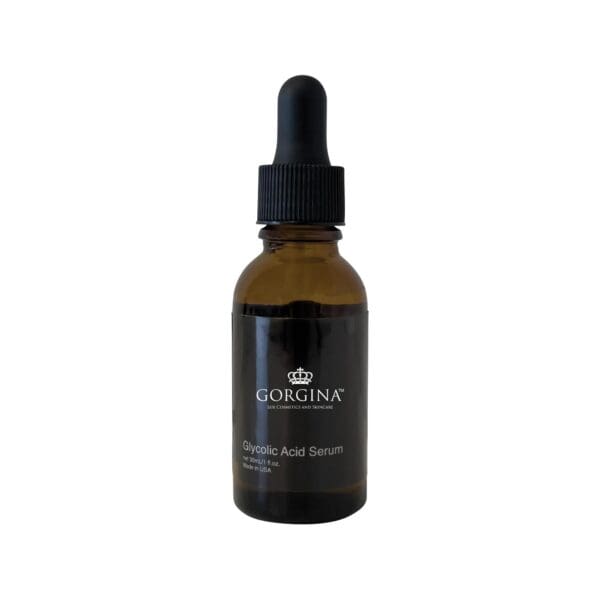 A brown glass dropper bottle labeled "Gorgina Glycolic Acid Serum" is shown against a plain white background.