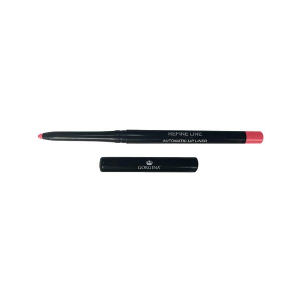 A black automatic lip liner with a pink tip, shown with its cap removed and placed below the pencil.