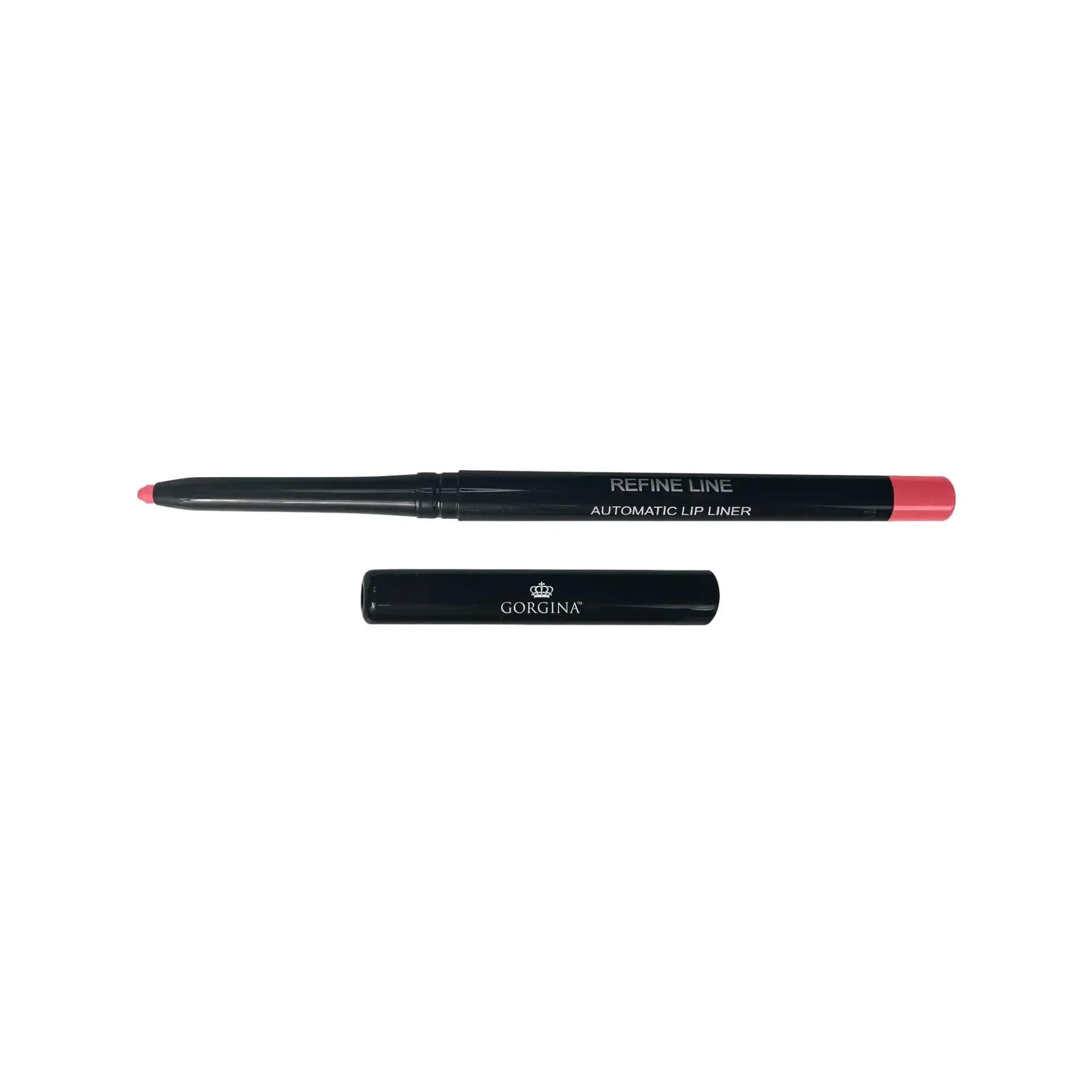 A black automatic lip liner with a pink tip, shown with its cap removed and placed below the pencil.