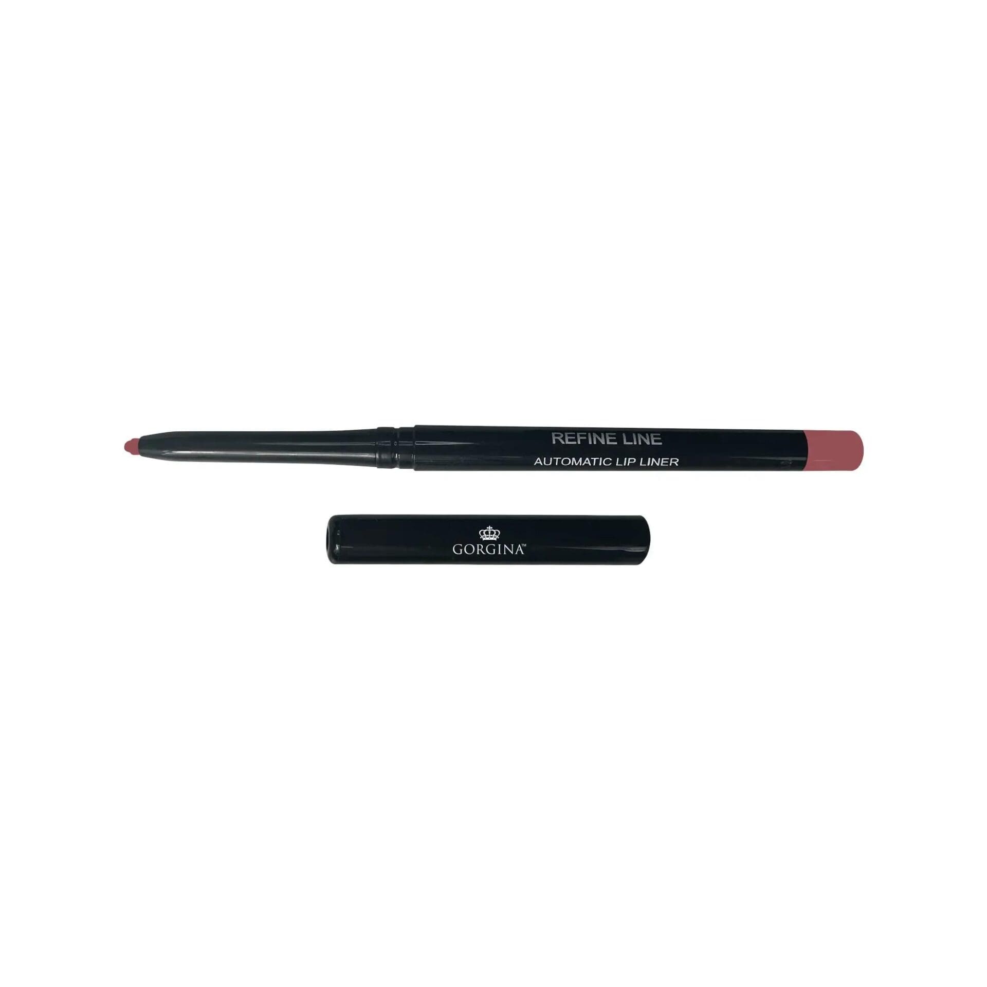 A pink automatic lip liner pencil with the cap removed, labeled "Refine Line Automatic Lip Liner" and "Gorgina.