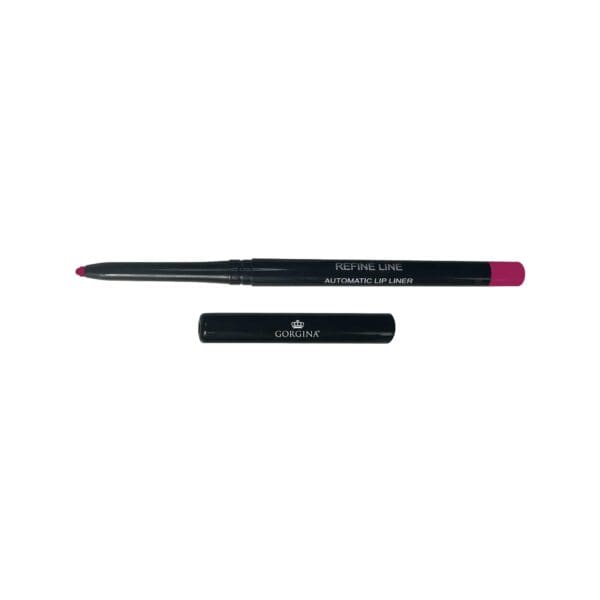 A pink automatic lip liner with the cap removed and placed below, labeled "Gorgina Refine Line Automatic Lip Liner," on a white background.