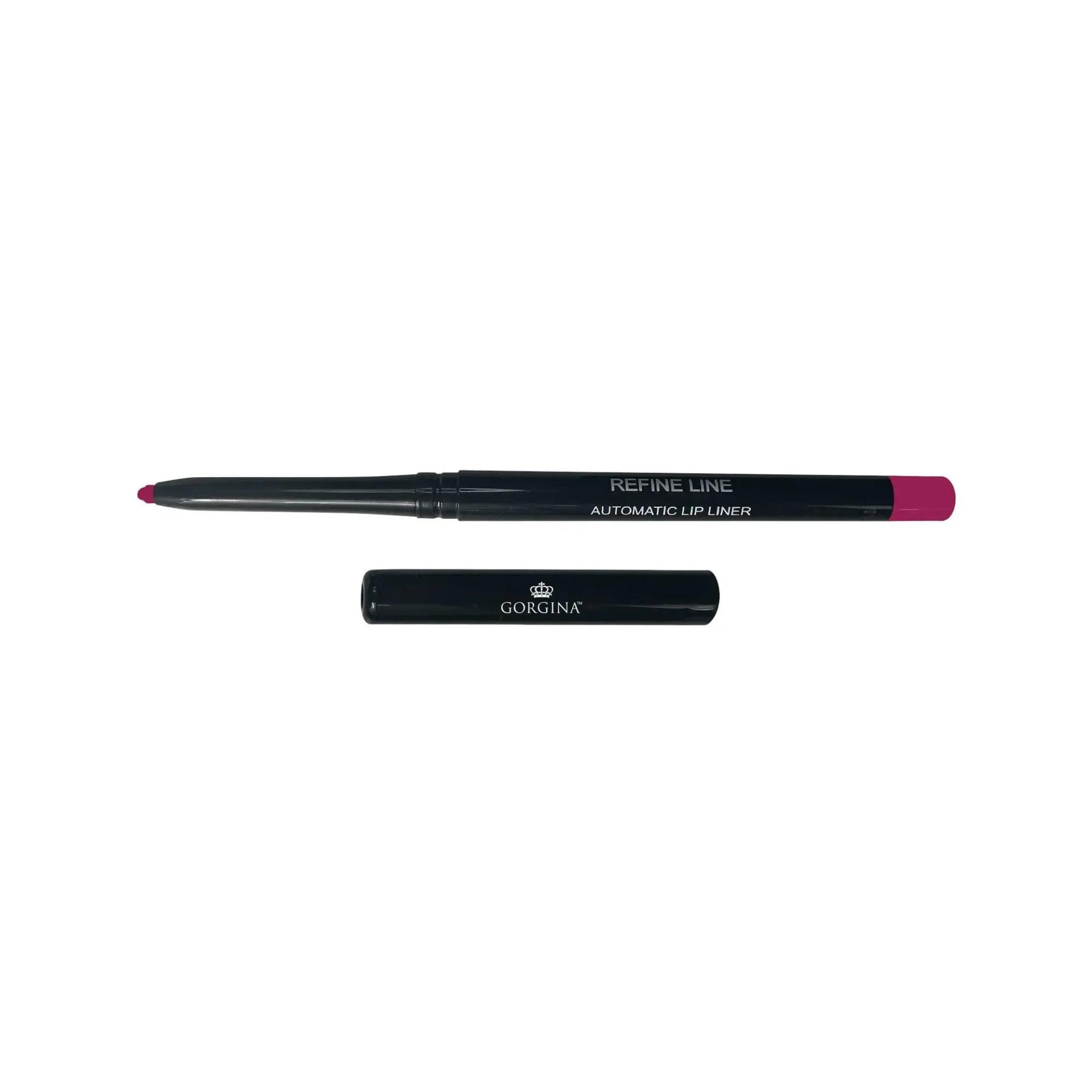A pink automatic lip liner with the cap removed and placed below, labeled "Gorgina Refine Line Automatic Lip Liner," on a white background.