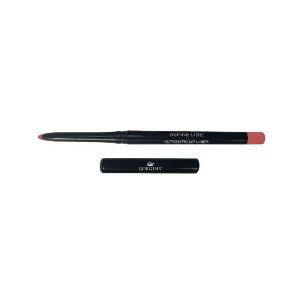 A black automatic lip liner with a pink tip is shown with its cap removed and placed below the liner. The words "REFINE LINE AUTOMATIC LIP LINER" are printed on the barrel.