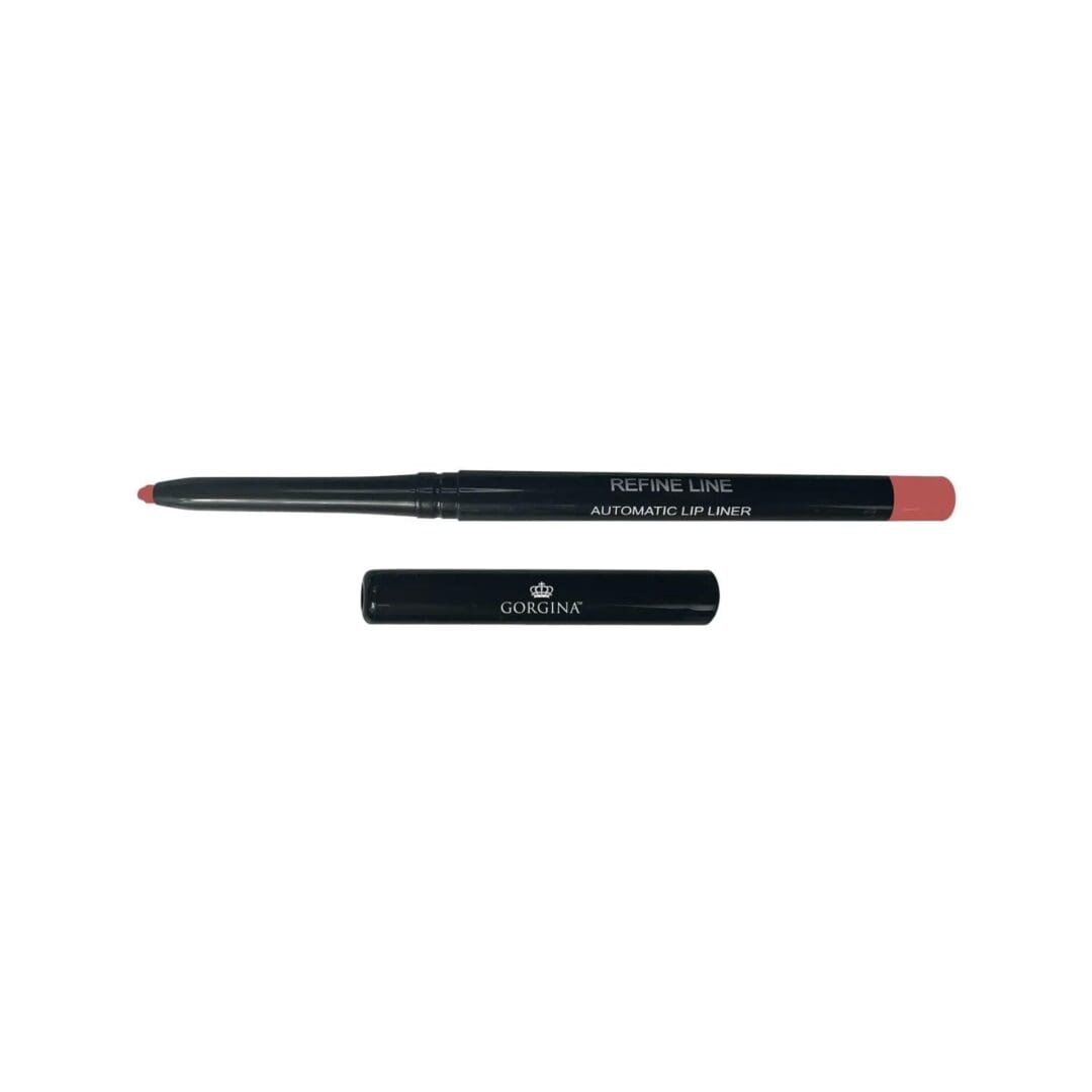 A black automatic lip liner with a pink tip is shown with its cap removed and placed below the liner. The words "REFINE LINE AUTOMATIC LIP LINER" are printed on the barrel.