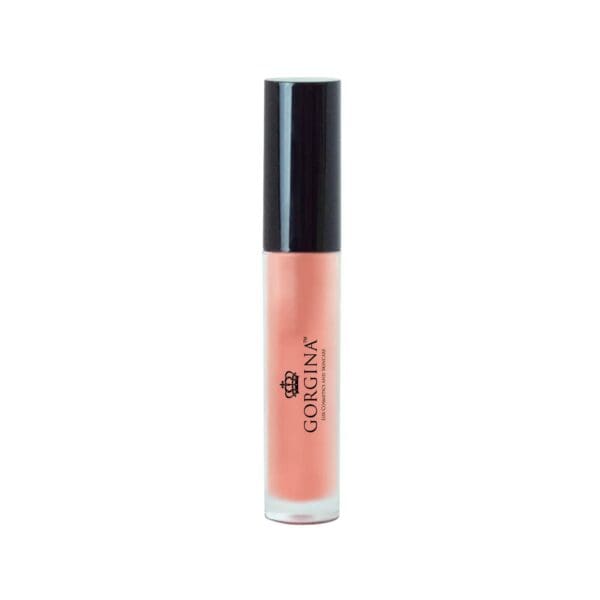 A tube of Gorgina lip gloss with a black cap and peach-colored product inside, displayed against a white background.