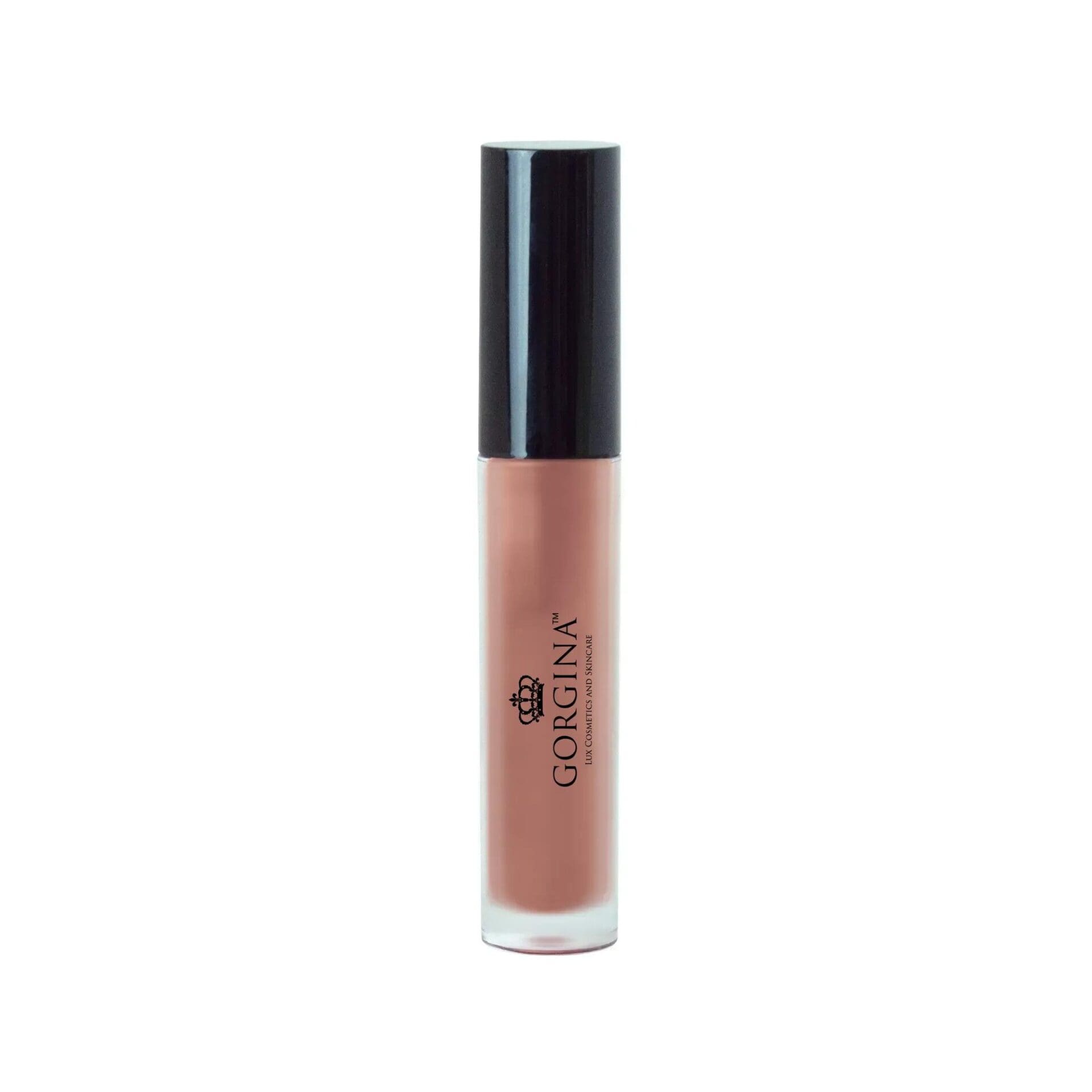 A tube of Gorgina liquid lipstick with a black cap and a nude pink shade inside. The brand name and logo are printed on the front of the tube.