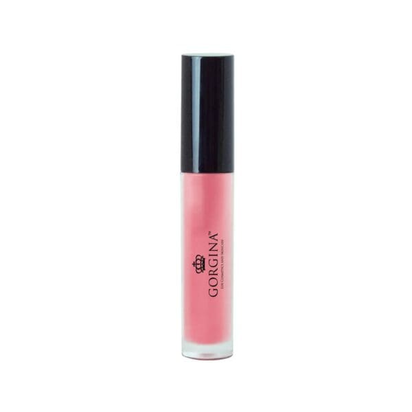 A tube of Gorgina lip gloss with a black cap and pink cosmetic product inside, standing upright against a white background.