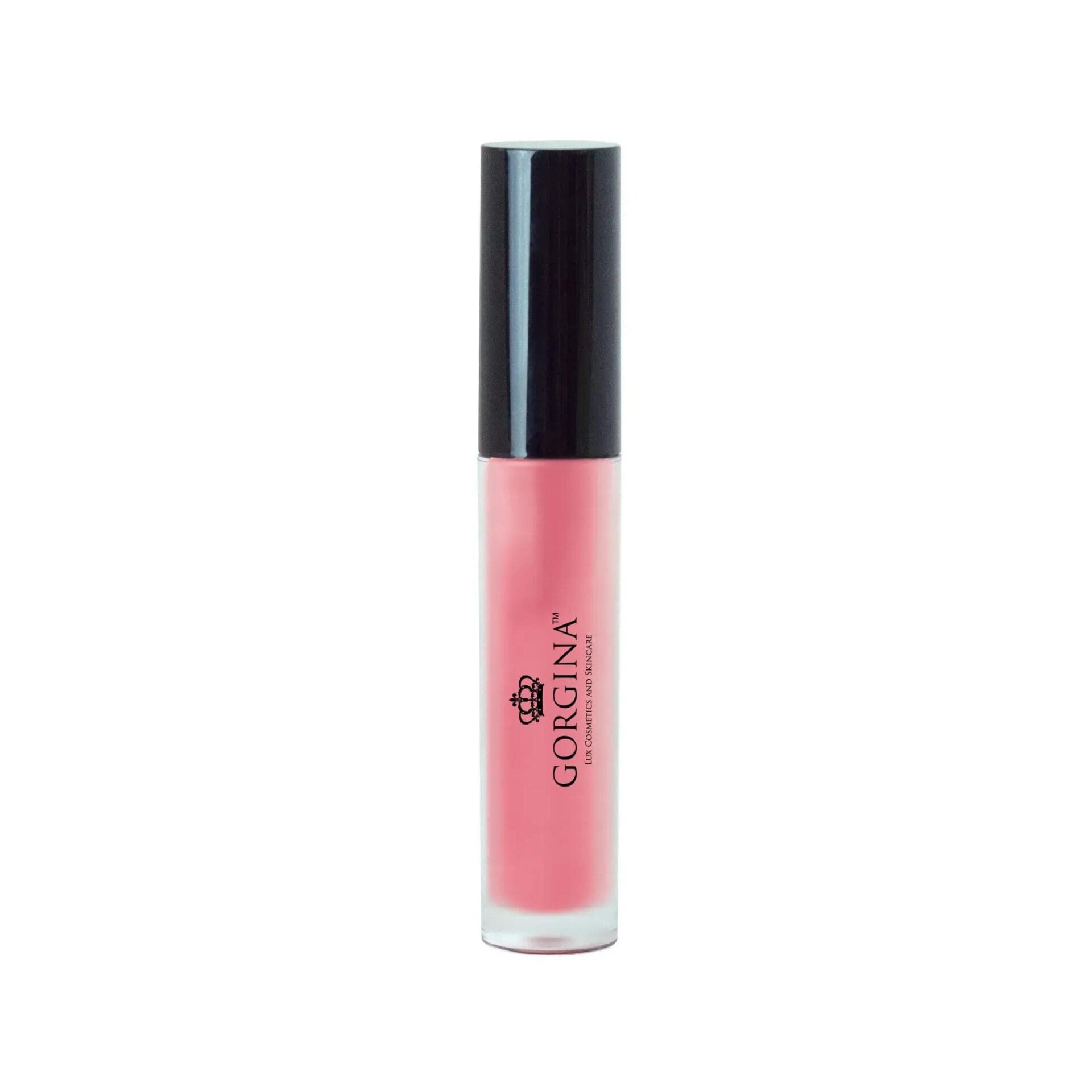 A tube of Gorgina lip gloss with a black cap and pink cosmetic product inside, standing upright against a white background.