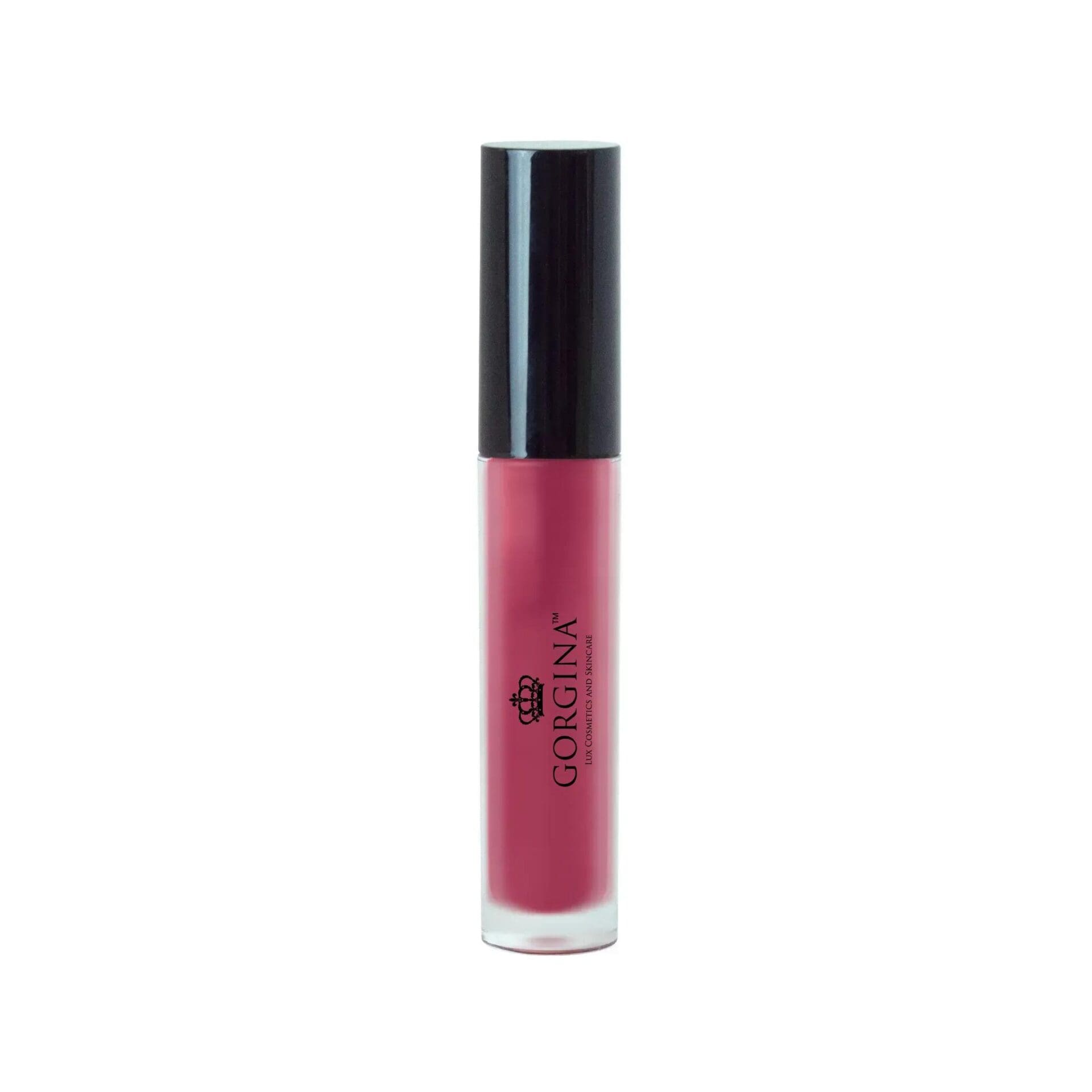 A tube of Gorgina liquid lipstick with a black cap and a deep pink shade, standing upright against a white background.