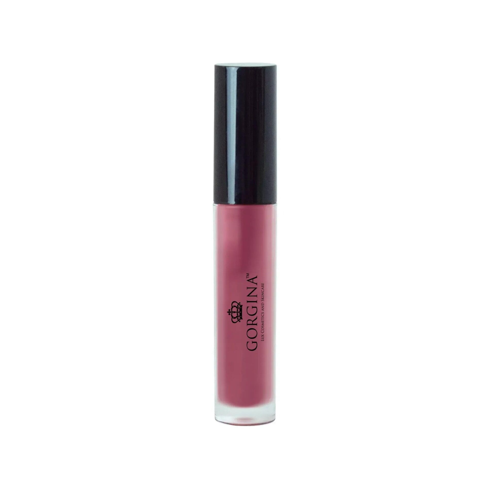 A tube of Gorgina liquid lipstick with a black cap and a pink shade, standing upright on a white background.