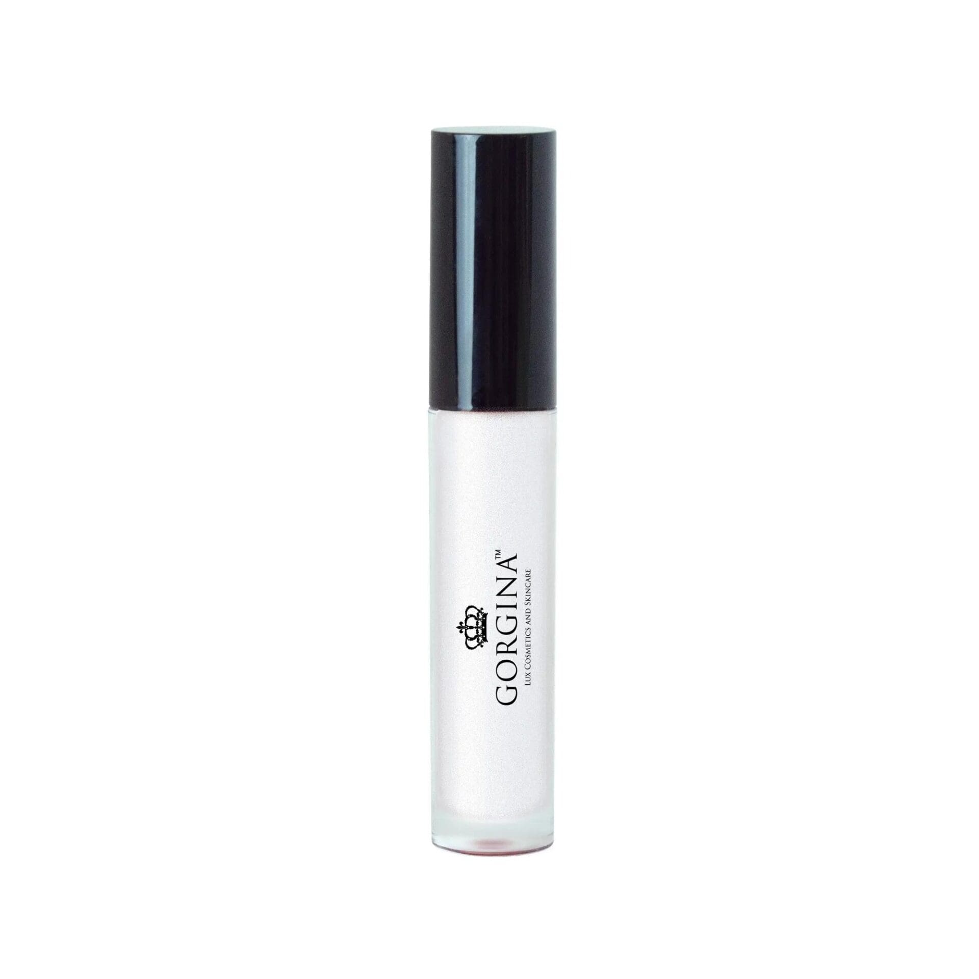 A clear tube of Gorgina lip gloss with a black cap, shown upright against a plain white background.