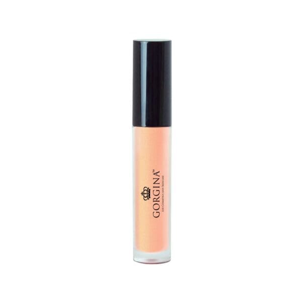 A clear tube of Gorgina lip gloss with a black cap, containing peach-colored gloss, shown against a white background.