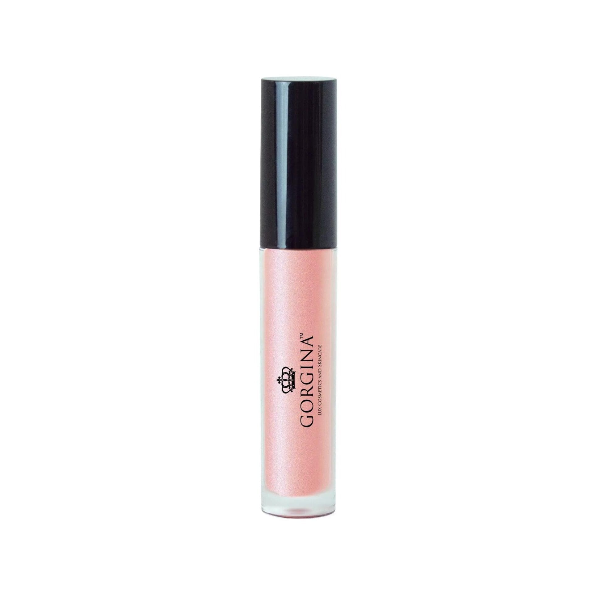 A tube of Gorgina lip gloss with a black cap and a light pink, shimmery gloss inside, shown against a white background.
