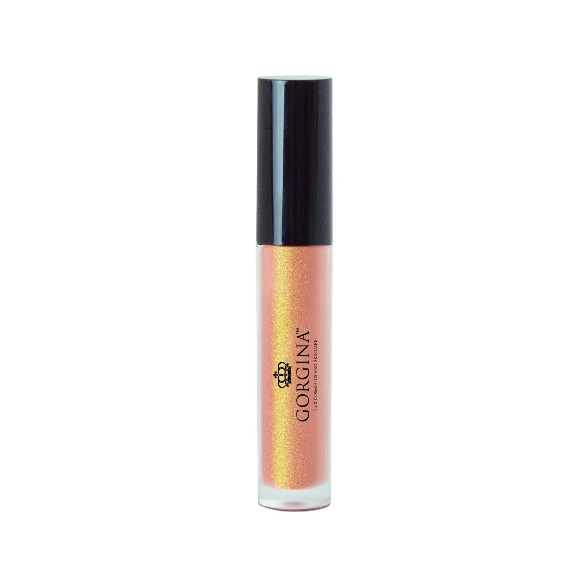 A tube of Gorgina lip gloss with a black cap and iridescent peach-pink color, standing upright against a white background.