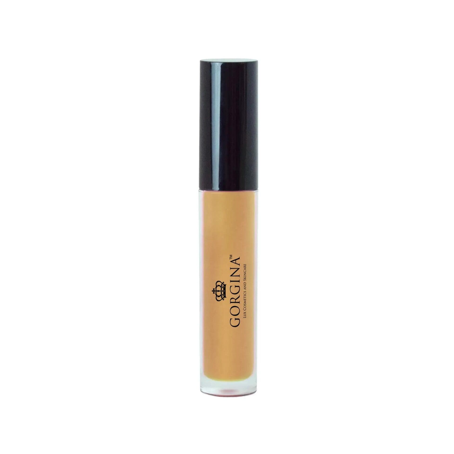 A tube of Gorgina liquid concealer with a black cap and light brown product visible inside a clear container.
