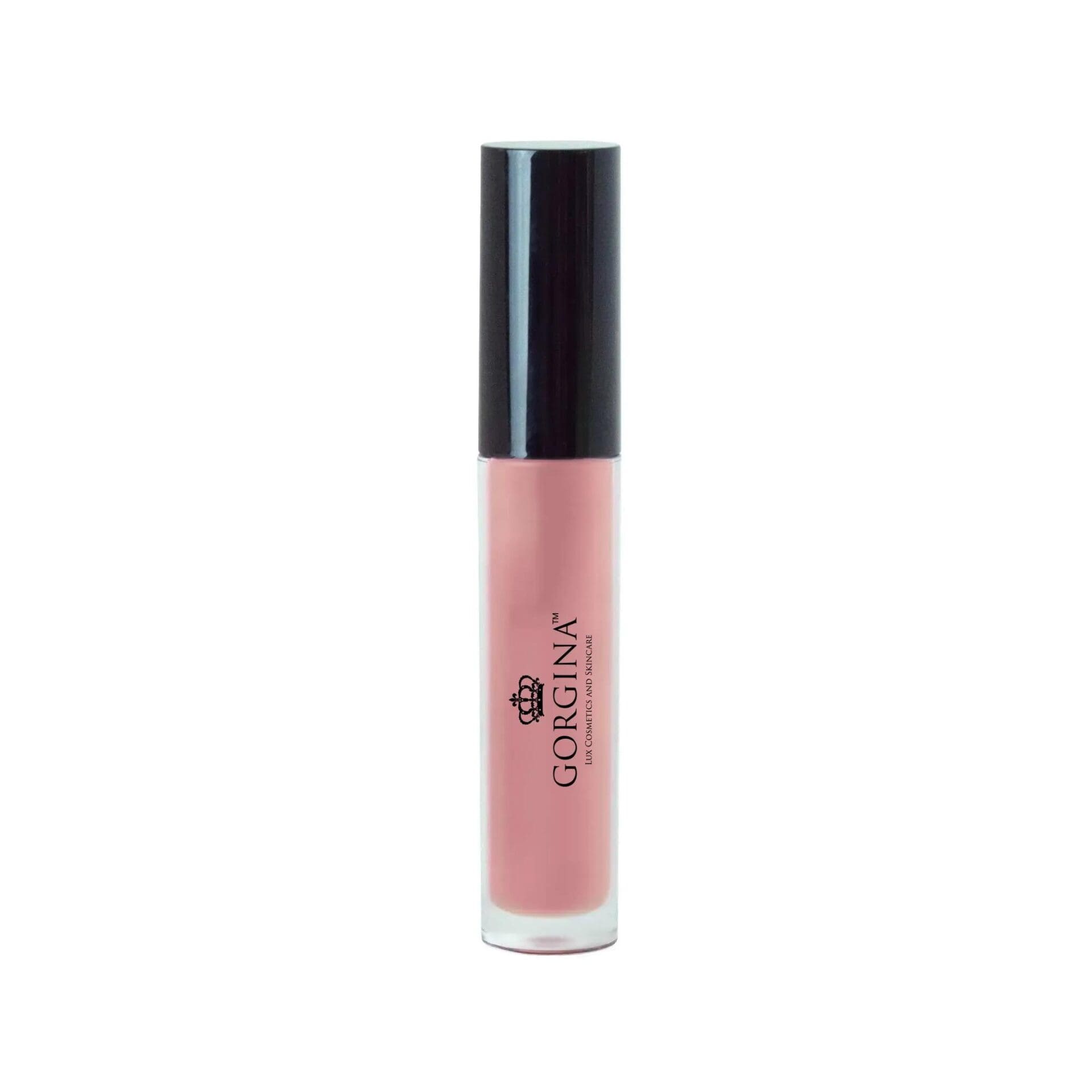 A tube of Gorgina liquid lipstick with a black cap and light pink color, standing upright against a plain white background.