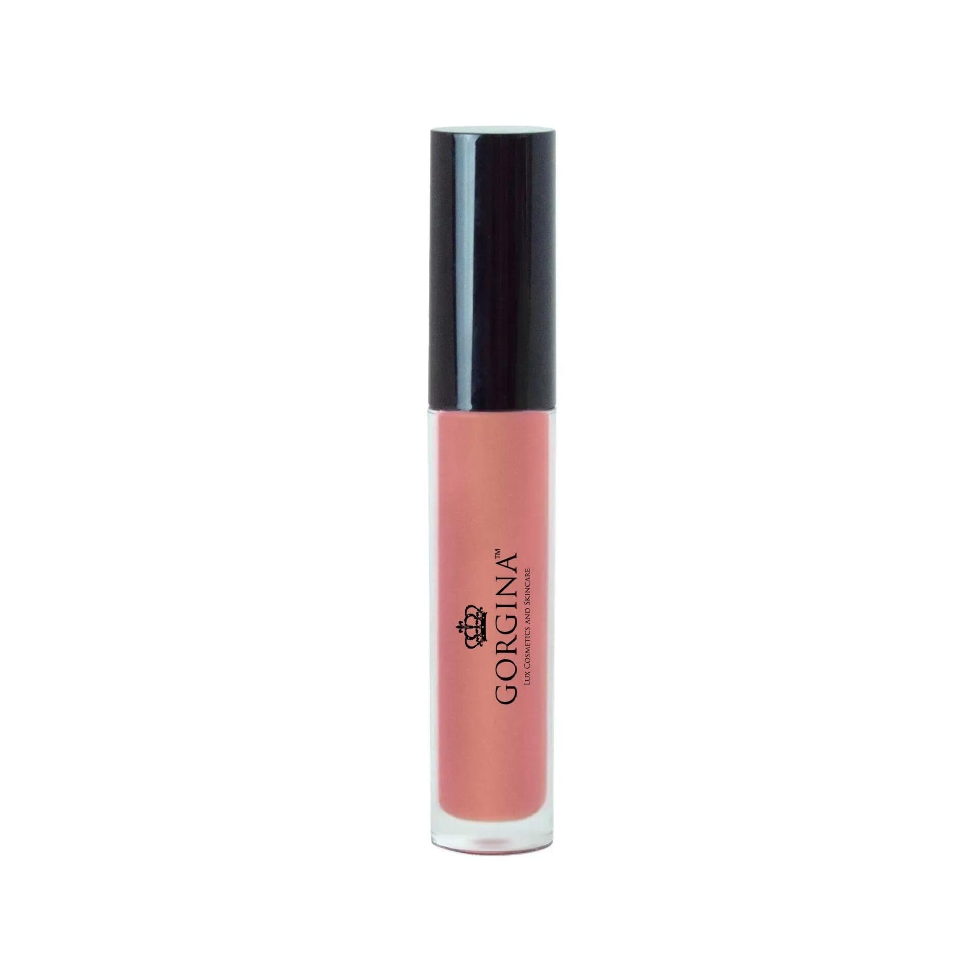 A tube of Gorgina liquid lipstick with a black cap and a pinkish nude shade, shown against a white background.