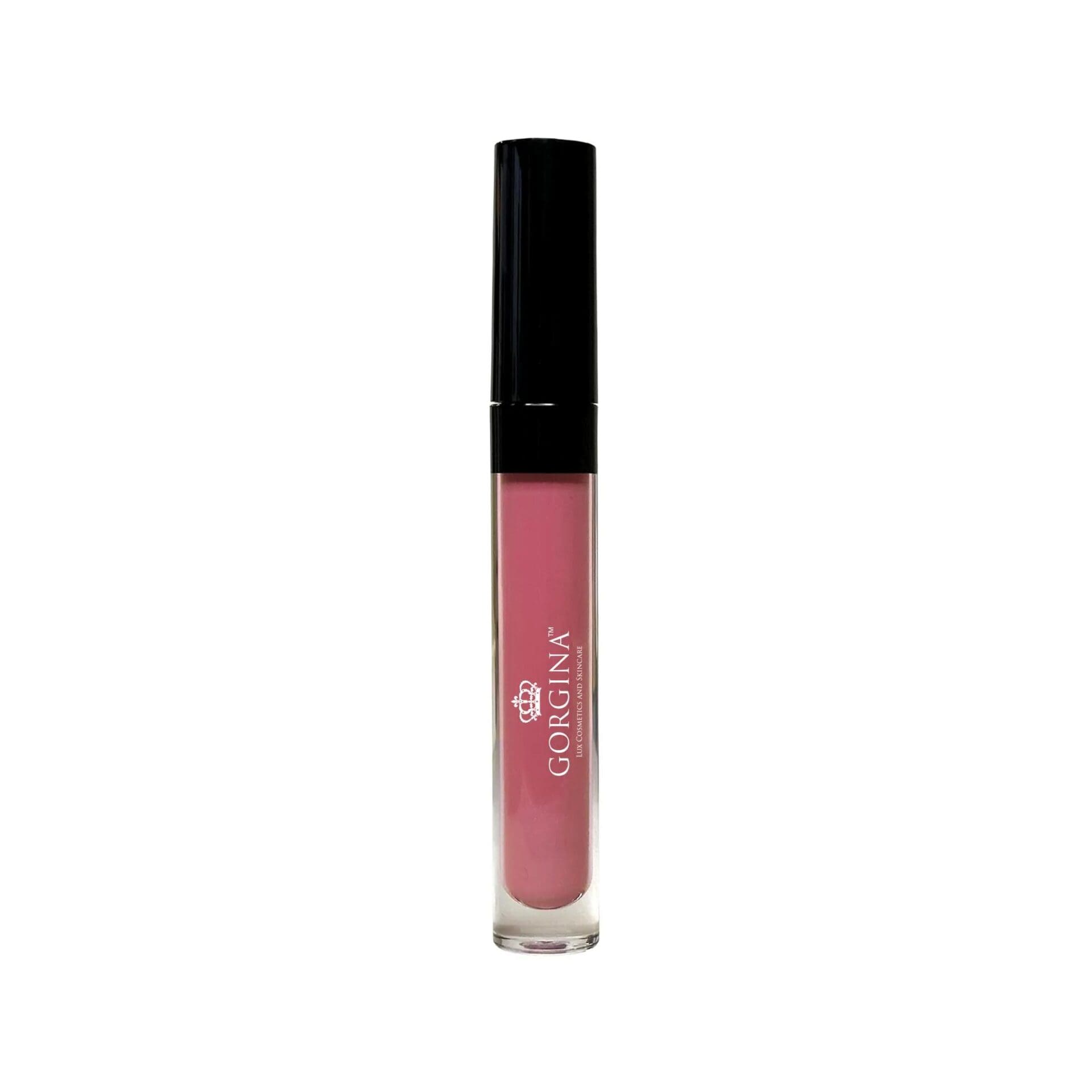 A tube of pink liquid lipstick with a black cap and the brand name "Gorgina" printed on the front.