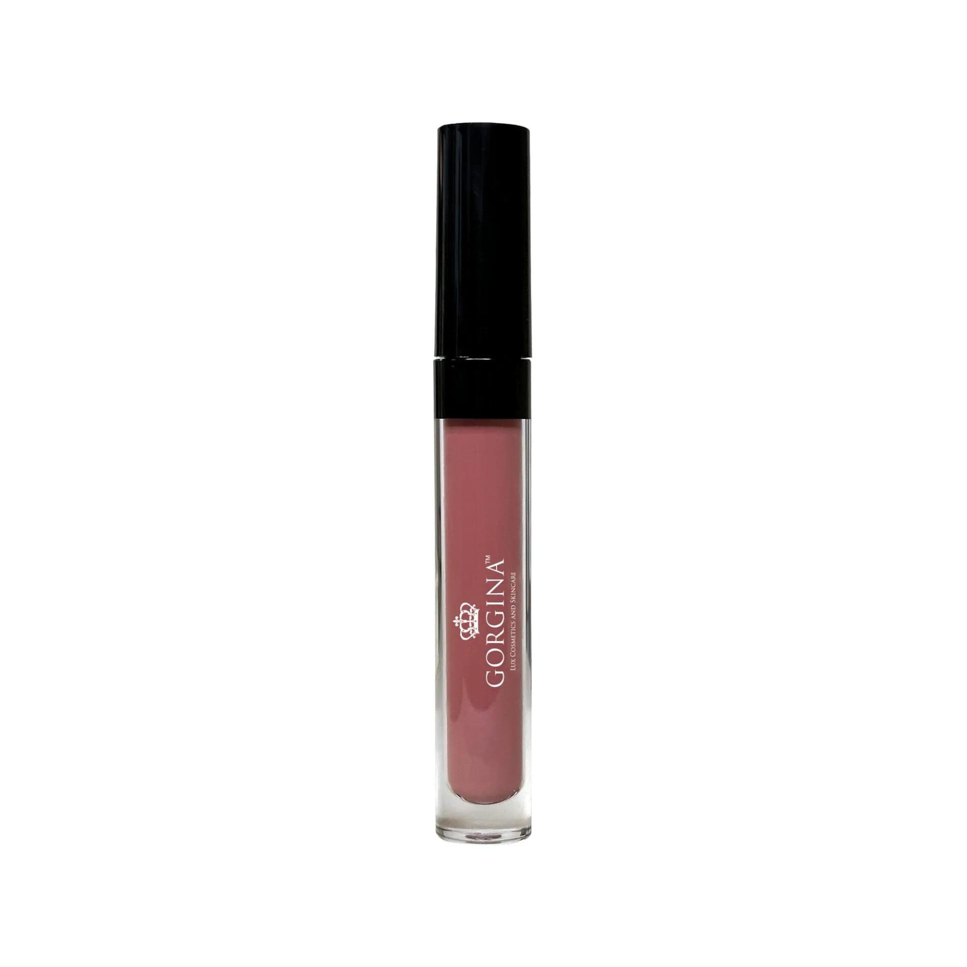 A tube of Gorgina liquid lipstick with a black cap and pinkish-mauve color, standing upright against a white background.