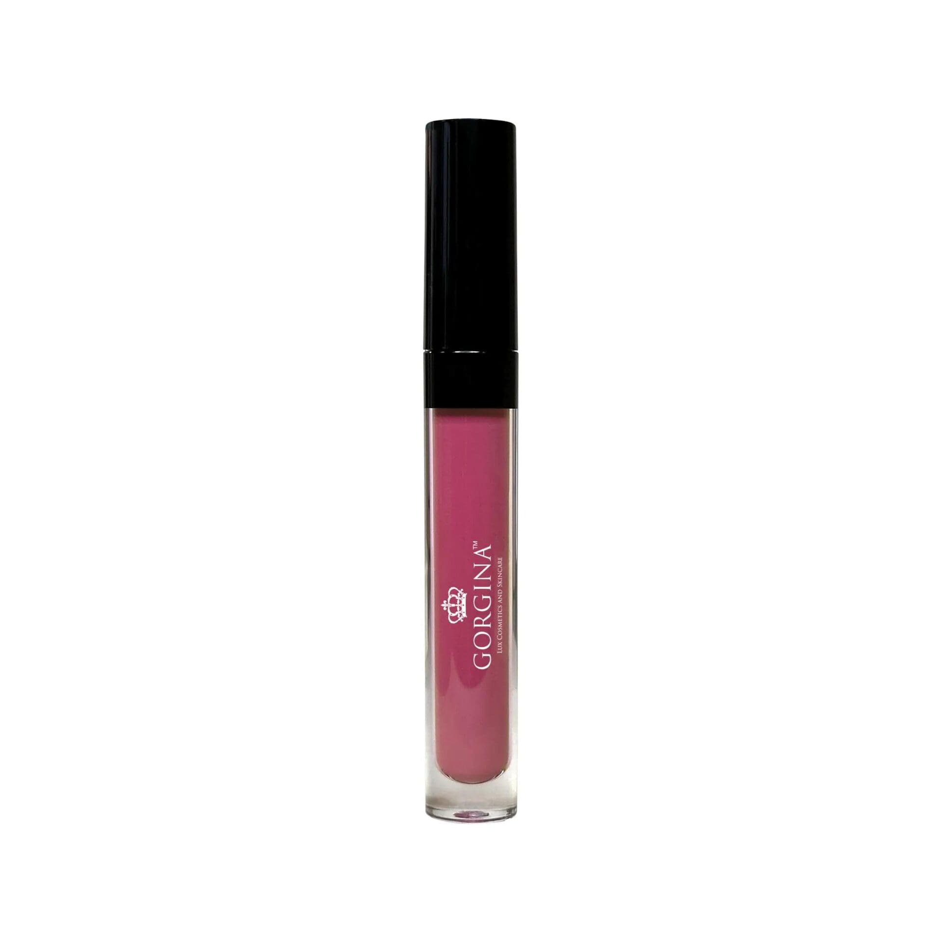 A tube of Gorgina pink liquid lipstick with a black cap, standing upright against a plain white background.