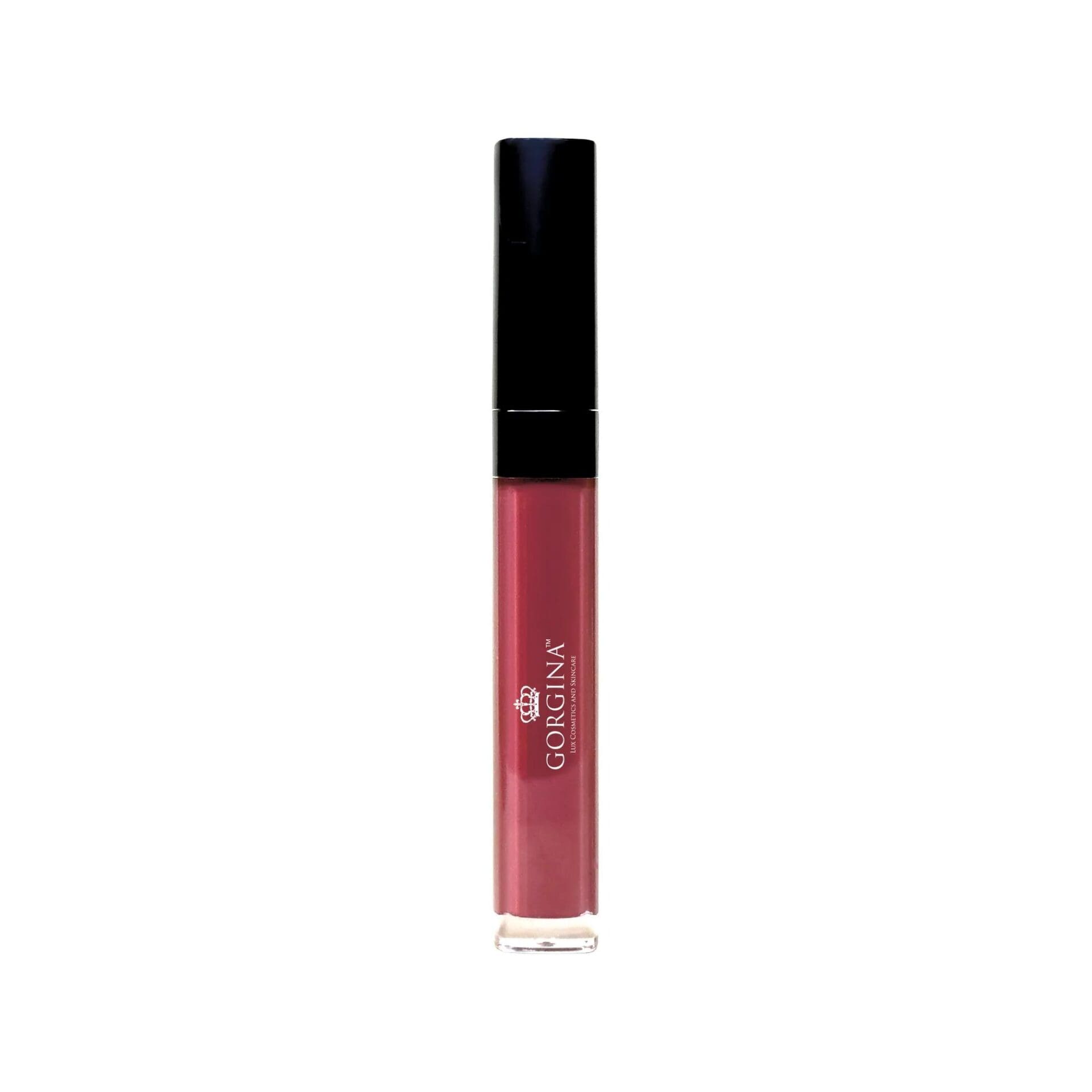 A tube of Gorgina liquid lipstick with a black cap and pinkish-mauve color, shown upright against a white background.